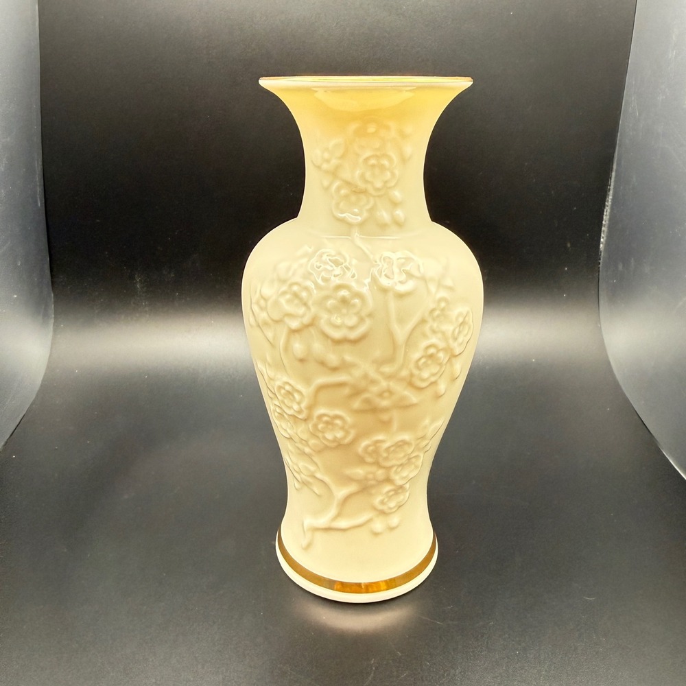 Lenox Ming Blossom Vase Cream Porcelain 24K Gold Trim Raised Floral 6 Inch